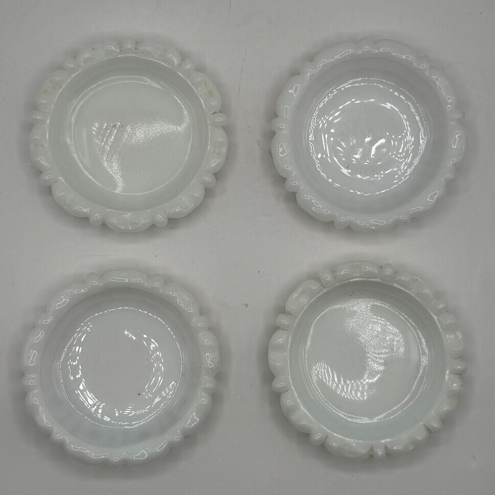 Vintage Milk Glass Trinket Dish Ashtray Set 4pc White Scalloped Round MCM 3.75in